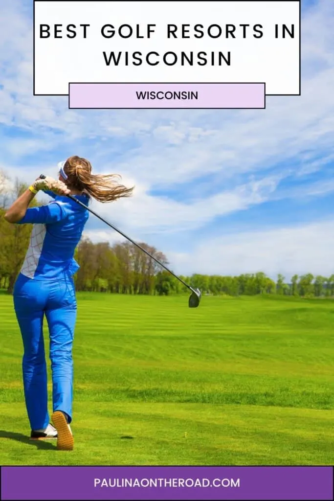 a pin with a woman dressed in blue and golfing at one of the best golf resorts in wisconsin