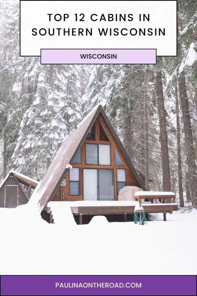 a pin with an A-frame cabin in winter, one of the best Cabins In Southern Wisconsin