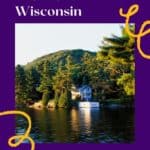 a pin with a lake cabin surrounded by forest as one of the best Cabins In Southern Wisconsin