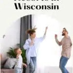 a pin with a family with a dog happy at one of the best dog-friendly hotels in Wisconsin