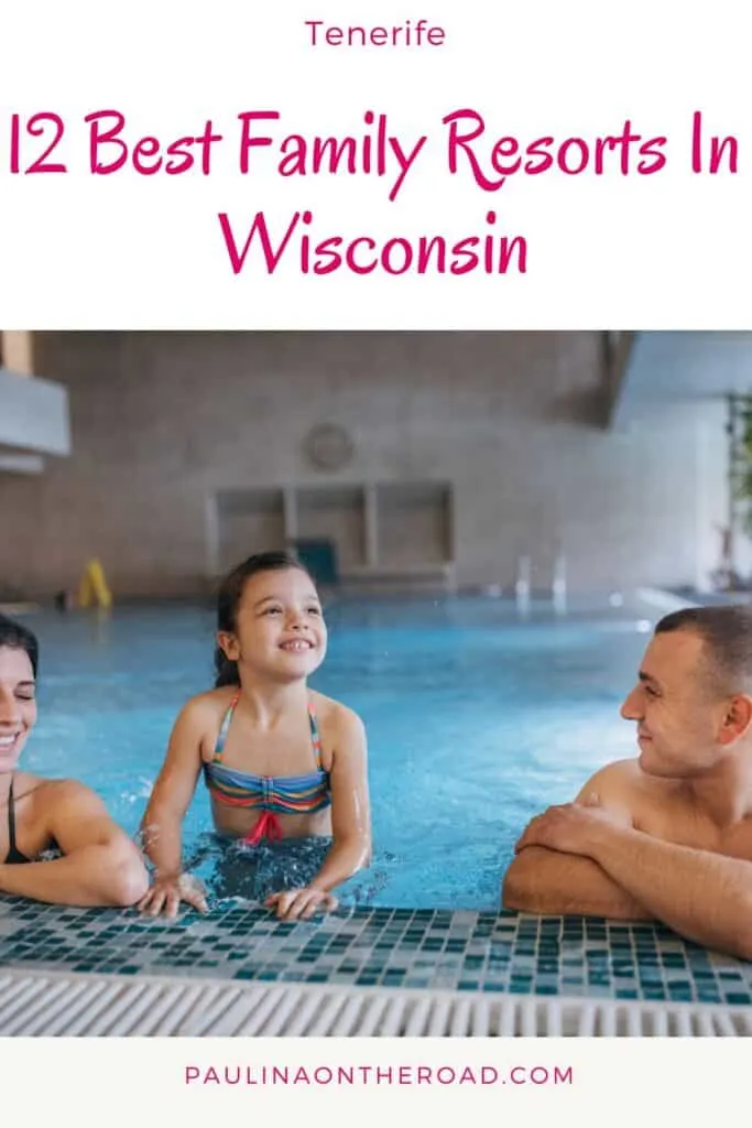 Family Resorts In Wisconsin a pin with a family of 3 swimming in the pool at one of the best Family Resorts In Wisconsin