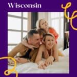 Family Resorts In Wisconsin a pin with a family sitting in bed at one of the best Family Resorts In Wisconsin