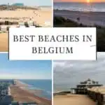 a view of the beach overlooking a pier, the sun sets over the ocean and waves on a beach, an aerial view of the beach and buildings in ostend, belgium, another view of a beach with a pier