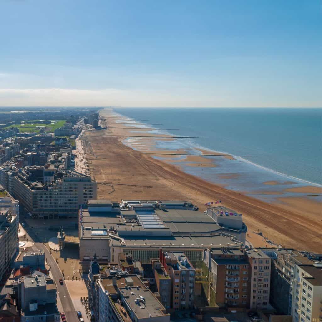 an aerial view of the beach and buildings in ostend, belgium