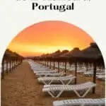 Pin with image of long rows of white deck chairs and their accompanying beach umbrellas on the beach stretching off into the distance under the warm orange glow of sunset, caption reads: Fun Things to do in Vilamoura, Portugal from paulinaontheroad.com