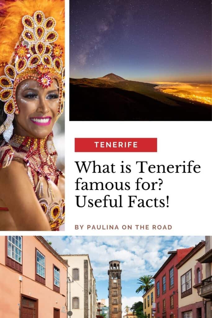a woman in a carnival costume, a dark sky in a sunset with stars and a mountain, What is Tenerife Famous For