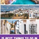 a pin about best things to do in algarve showing three photos of a cliffed beach, a historic town, and an old, quaint street