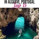 a pin about best things to do in algarve showing a photo of a boat with people exploring rock formations with pristine waters