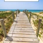 a pin about things to do in algarve showing a photo of a beach boardwalk stretching out into the sea