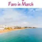a pin about best things to do in faro in march showing a photo of a sunny beach with clear, pristine waters