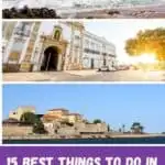 a pin about best things to do in faro showing three photos of a beach with rock formations, old European style building, and a waterfront city