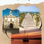 a pin about best things to do in faro portugal showing three photos of a beach boardwalk, exterior shot of chapel of the bones, and a boat during an orange sunset