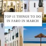 a pin about best things to do in faro in march showing four photos of the chapel of bones, the statue of king alfonso III, old town architecture, and a sunny beach