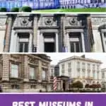 a facade of a Royal Museums of Fine Arts of Belgium with stone carvings and statues, a view of a building with bikes parked an a mini park or garden infront, a view of a building with bikes parked an a mini park or garden infront