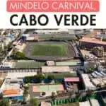 An aerial view of the city in Cabo Verde where a lot of courts are visible. It is a bright and peaceful day.