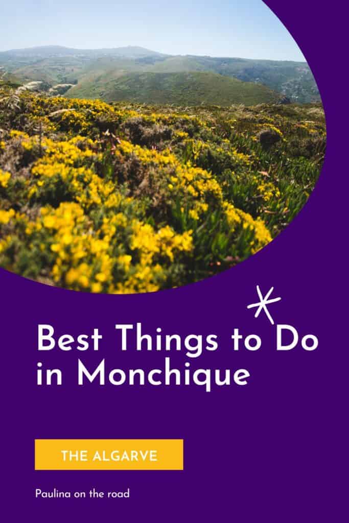 Pin with image of bright yellow flowers growing in clusters amongst the green grass atop a series of rolling hills leading off into the hazy distance all under a bright clear sky, caption reads: Best Things to Do in Monchique, The Algarve from Paulina on the Road