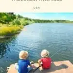 Pin with image of two children in red and blue t-shirts and white trilby hats sitting on a pier and holding a fishing rod over a large lake surrounded by lush green grass and trees under a bright blue sky, caption reads: Fun Things to Do in Wisconsin with Kids, USA from Paulina on the Road