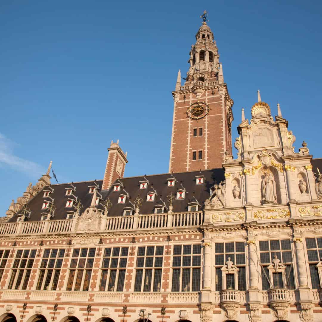 a view of the second floor and up of the univesity library of Leuven on a bright day. Where to stay in Belgium
