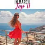 a pin with a girl dressed in a red dress taking a picture on the roof of hotel in Tenerife where to stay in tenerife in march