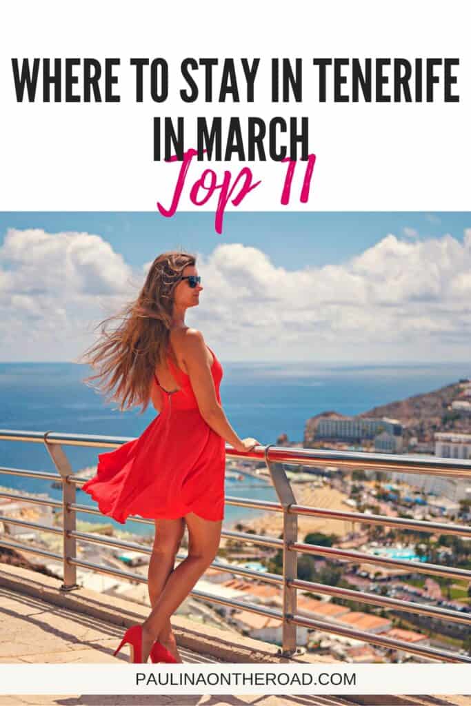 a pin with a girl dressed in a red dress taking a picture on the roof of hotel in Tenerife where to stay in tenerife in march