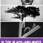a pin with 3 black-and-white photos related to Black-And-White Coffee Table Books