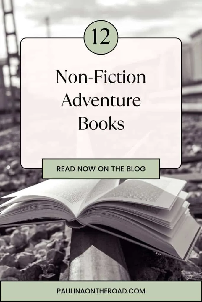 a pin with a black and white photo of a book, Non-Fiction Adventure Books