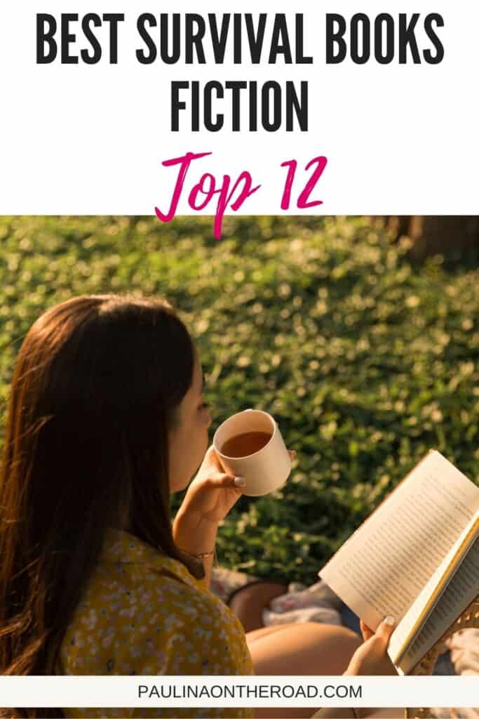 a pin with a girl reading in a field with a cup of coffee. Best Survival Books Fiction