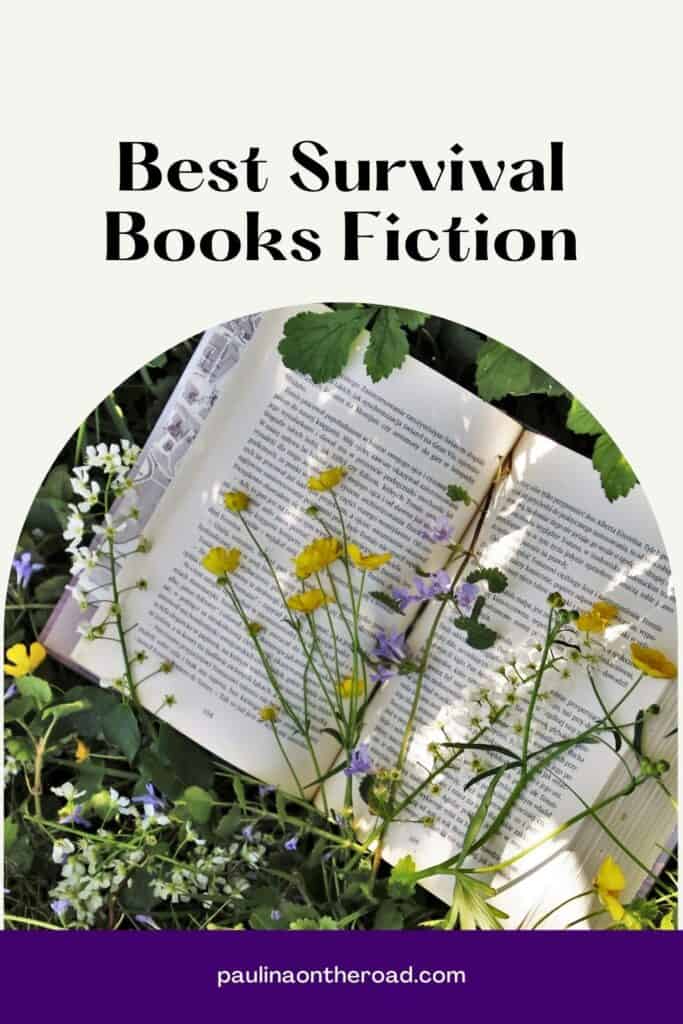 a pin with an open book in a field of flowers. Best Survival Books Fiction