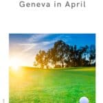 Pin with image of a white golf ball resting at the edge of a white golf hole on a large rolling green of neatly trimmed vibrant green grass with some silhouettes of trees and the bright setting sun behind, caption reads: Fantastic Things to Do in Lake Geneva in April from paulinaontheroad.com