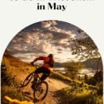 Pin with image of a woman in cycling gear riding an off-road bicycle along a trail through rough fields of golden grass with small green trees to one side all under a dramatic cloudy sky at sunset, caption reads: Fantastic Things to do in Wisconsin in May from paulinaontheroad.com