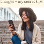 a pinterest pin about how to avoid roaming charges showing a photo of a women wearing a hat and carrying a coffee cup using her phone