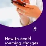 a pinterest pin about how to avoid roaming charges showing hands holding a mobile phone