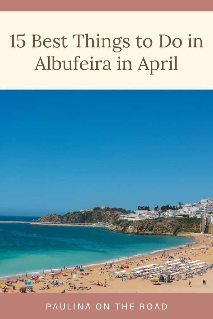 Pinterest pin showing a photo of a sunny beach in Albufeira