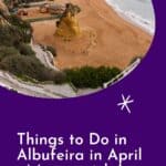 Pinterest pin showing an aerial view of sandy beach in Albufeira