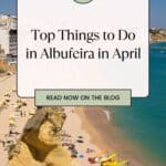 Pinterest pin showing a sunny and crowded beach in Albufeira