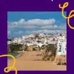 Pinterest pin showing a sunny beach with old town orange and white buildings in Albufeira