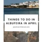 Pinterest pin showing beachside and rocky cliffs of Albufeira