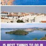 Pinterest pin showing three photos of a sunny beach, old town with orange roofs, and lake in Albufeira