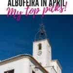 Pinterest pin showing a photo of Albufeira Bell Tower