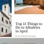 Pinterest pin showing three photos of clock tower, beachside cliffs, and old town in Albufeira