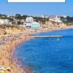 Pinterest pin showing crowded beach in Albufeira