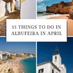 Pinterest pin showing four photos of cobblestone street, cliffside beach, aerial view of ocean, and clock tower in Albufeira