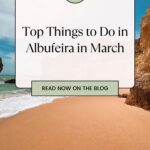 Pinterest pin about things to do in Albufeira in March showing a beach with no tourists