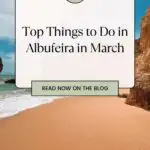 Pinterest pin about things to do in Albufeira in March showing a beach with no tourists