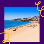 Pinterest pin about things to do in Albufeira in March showing a long stretch of beach with people