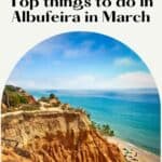 Pinterest pin about things to do in Albufeira in March showing a clear sky and rocky cliffs near a beach