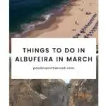 Pinterest pin about things to do in Albufeira in March showing aerial view of a sandy beach and rocky cliffs