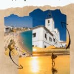 Pinterest pin about things to do in Albufeira in March showing a long stretch of beach, church bell tower, and a surfer during sunset