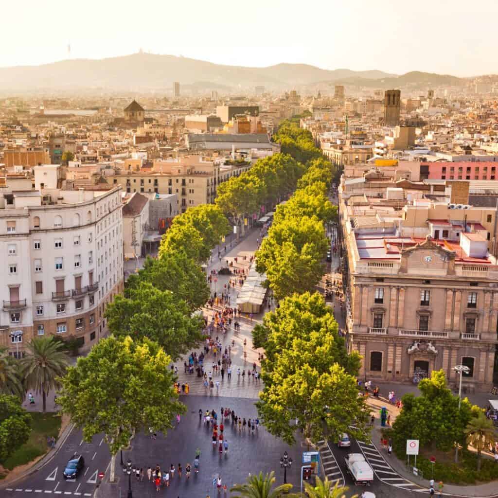 aerial view of a street lined and buildings with trees in Barcelona, Spain