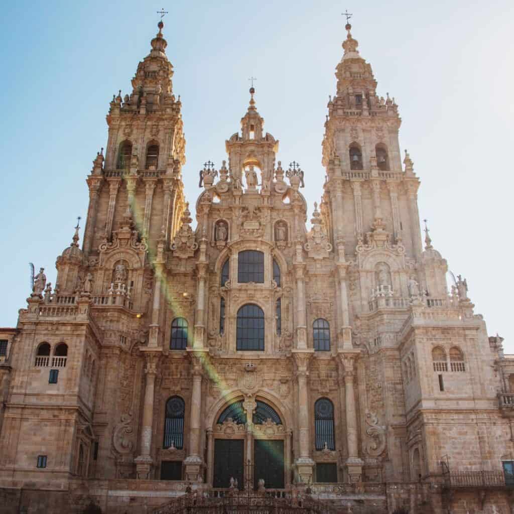 a facade of Santiago de Compostela Cathedral on a bright sunny day